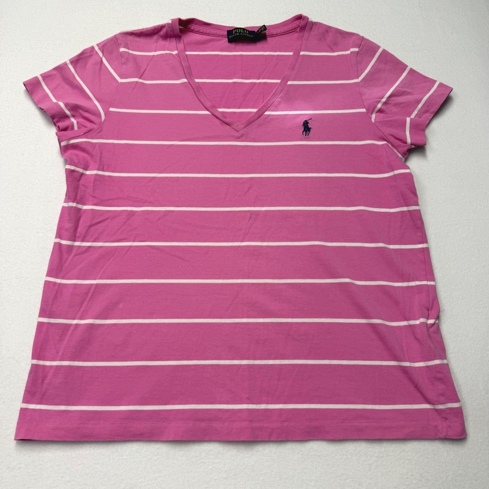 Polo Ralph Lauren Pink White Striped V-Neck T-Shirt Womens M Pony Logo